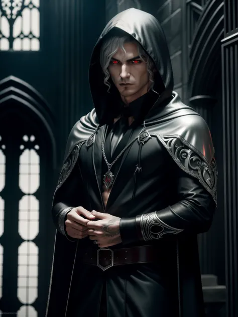 male elf vampire with short curly silver hair and red eyes.. Dressed in a hooded robber costume, Highly detailed. Stands against the backdrop of the Gothic gates of the temple. Beautiful faces, ultra detail, Cinematic lighting, beautiody, Dark tones