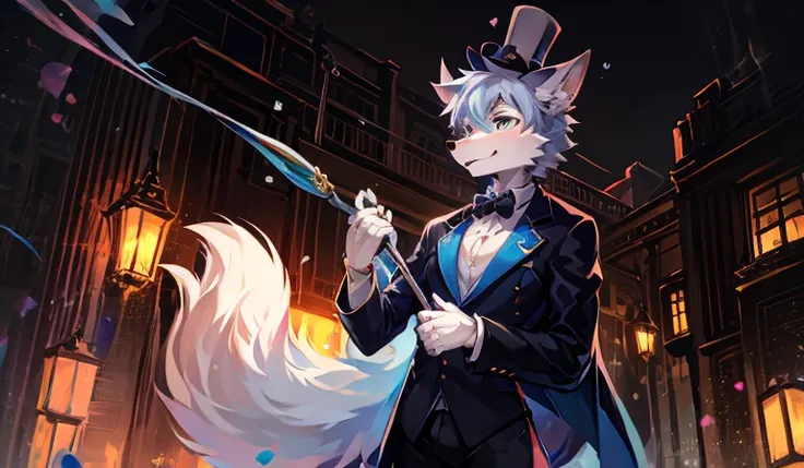 Wearing a dark blue tuxedo、 White gloves and high hat、Male white fox holding umbrella