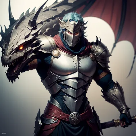 A man wearing armor and holding a giant sword，A huge dragon