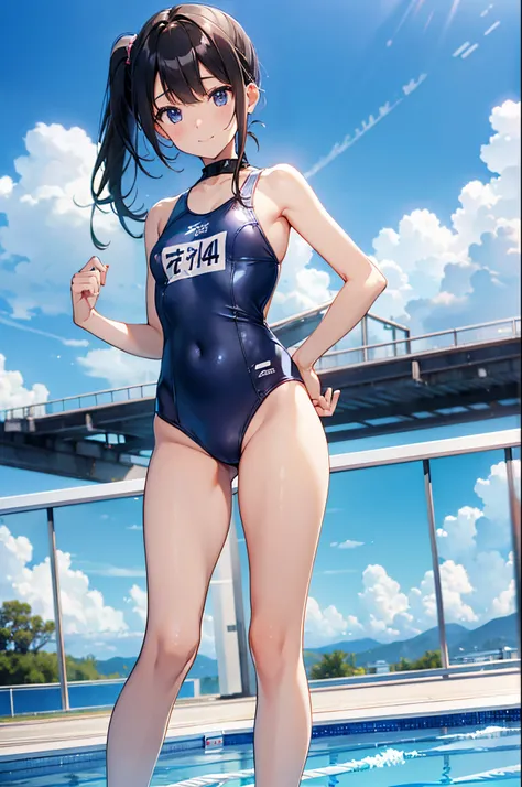 ((4ｋ、8ｋ、top-quality、Perfect Finger：1.3、Perfect Anatomy：1.3、Blur the background))、((a junior high school student、14years、Small breasts))、（twogirls、The first one has straight long hair、The second person has ponytail hair）、a smile、（swim wears）、Full body depic...