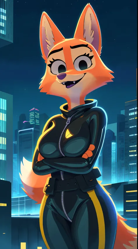 Diane Foxington, Night City Lights, Skyscraper With Neon Lights, Portrait Of Stunningly Beautiful Canid Furry Fox Girl, Soft Delicate Beautiful Attractive Face With Alluring Green-Black Eyes, Lovely Medium Breast, Voluminous Eyebrow With Piercing, Thick Ey...