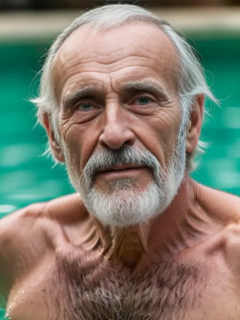 john glover, an elder with a long beard and white hair, with a serene face wrinkles, looking producing, body older weak, skinny ...