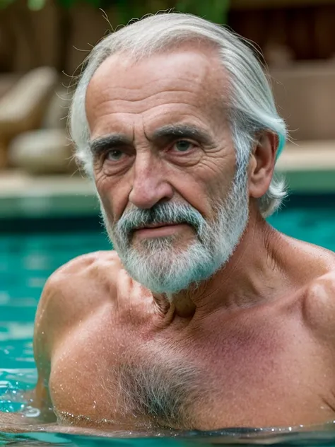 john glover, an elder with a long beard and white hair, with a serene face wrinkles, looking producing, body older weak, skinny ...