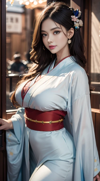 best qualtiy、Photorealsitic、8K、hight resolution、女の子 1 人、femele、(Dents in the skin)、(Professional Lighting)、(Kimono:1.74)、Luxury、(((Bigchest、Narrow waist)))、(Girl looking at viewer one eye:1.54)、((Watching the viewer:1.6)) 、(is looking at the camera)、Photor...