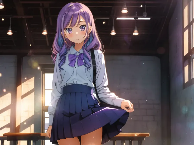 An image captured with a Fujifilm Fujinon XF23mm F1.4 R LM WR lens. A portrait of a 16 years old anime girl with lavender-colored hair wearing school uniform.She posing in a Leaning against a wall pose.european interior library background, The lighting bac...