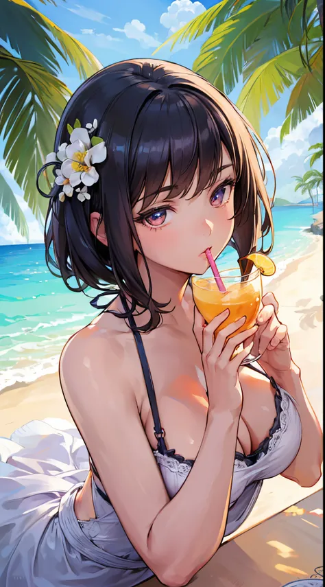 Girl in summer clothes, Drink cephy, Random background, kiss, Beautiful, medium breasts, flirtatious look, ((Very detailed)), (Perfectly detailed face), (Well detailed hands), (Well detailed hands), (Well detailed hands), (Well detailed hands), (Well detai...