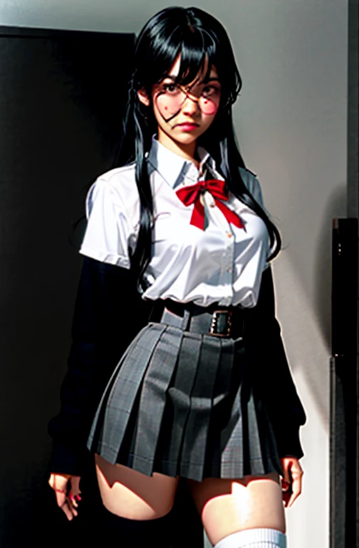 (full figure:1.1), 1 girl as yukino yukinoshita, absurdres, highres, solo, school uniform, big breasts, waist long black hair, (twintails:0.5), miniskirt, (black thighhigh socks:1.1), loose red ribbon, unbuttoned white shirt, (ahegao:1.1), (rolling eyes:1....