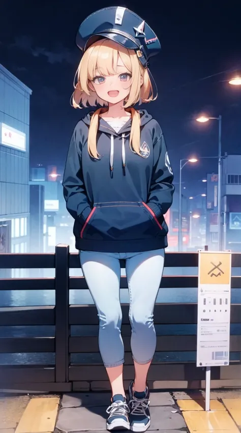 girl,Cute face,cute large eyes,Hoodie,jeans,Put on the cap,In the back streets at night,hands in the pocket,Laughing,Open mouth,masutepiece,Ultra Detail,ultra-quality,super precision,8K,No extra arms,no extra hands,No extra fingers,No extra legs,