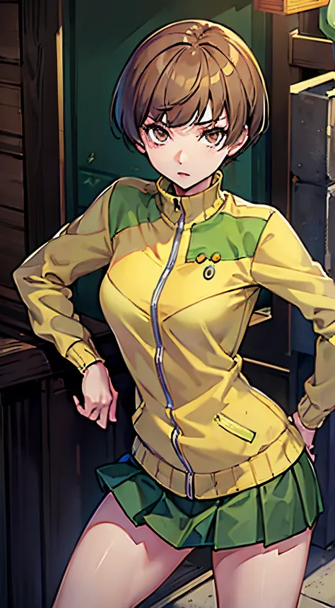 (((masterpiece))), chie satonaka wearing her usual green jacket and skirt, outdoor, serious looks