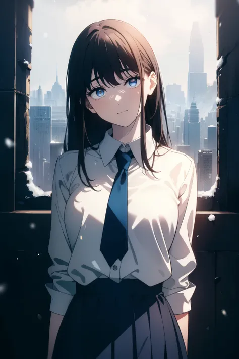 (Obra maestra, La mejor calidad, ultrahigh resolution), 1girl, standing, school uniform, white office shirt, black pleated skirt, (((light brown, light brown hair:0.7))), long hair cut, pale skin, ((blue eyes)), glowing_eyes, neon eyes, (ultra detailed eye...