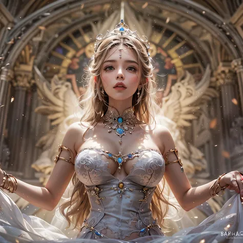 from below:1.2, (((masutepiece:1.35))), (((8K))), (((hight resolution))), surrealism, god rays, Zoom Layer, (((photorealistic:1.37))), F/4.0, canon, Detailed glistening skin,Detailed face, Detailed eyes, Beautiful bride goddess, Princes Tiara, delicate lac...