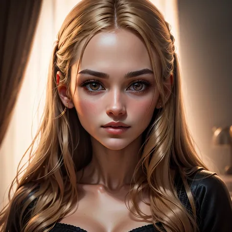 Very detailed creation, Photorealistic portrait of a beautiful woman with long hair, Golden hair, highlight her elegance、Set in a studio environment with soft lighting。. Emulate classic portrait style, with warm and soft lighting. Generate 4K UHD images、Ca...