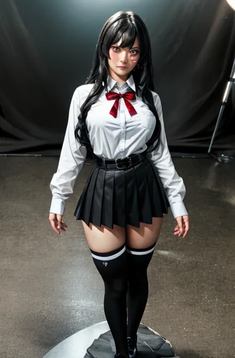 (full figure:1.1), 1 girl as yukino yukinoshita, absurdres, highres, solo, school uniform, big breasts, waist long black hair, (twintails:0.5), miniskirt, (black thighhigh socks:1.1), loose red ribbon, unbuttoned white shirt, (ahegao:1.1), (rolling eyes:1....