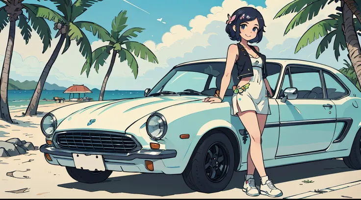 Octane Render、(Hyper-detailing: 1.15)、(Soft light、sharp: 1.2)、morning、Little girl posing in front of car in parking lot near beach, Full body,Accessories for shoes、（ hair adornments、耳Nipple Ring、Floral hair ornament、butterfly hair ornament）、 Fuji Film, F/4...