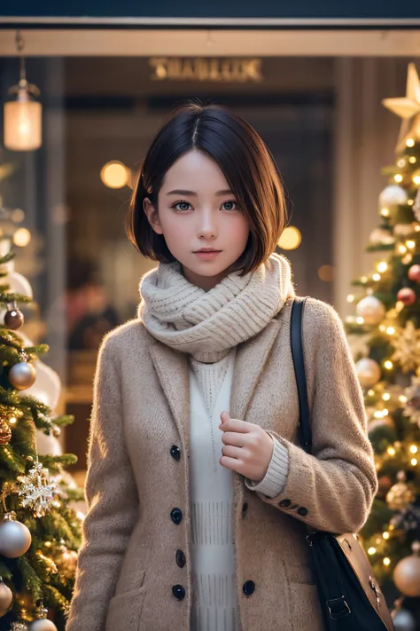 stand in front of the Christmas show window, college girls, Winter fashion, pupils sparkling, short hair, depth of field, f/2.8, anatomically correct, textured skin, super detail, high details, high quality, super detail, high details, high quality, best q...