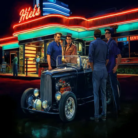 there are three men standing next to a car in front of a diner, inspired by the Brothers Hildebrandt, by Dave Melvin, inspired by James Gurney, inspired by Brothers Hildebrandt, driving a hotrod, at a 5 0 s diner, stylized digital illustration, inspired by...