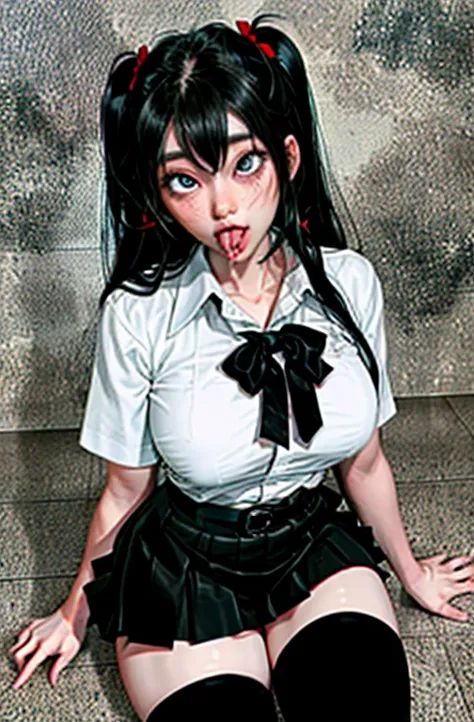 (full figure:1.1), 1 girl as yukino yukinoshita, absurdres, highres, solo, school uniform, big breasts, waist long black hair, (twintails:0.5), miniskirt, (black thighhigh socks:1.1), loose red ribbon, unbuttoned white shirt, (ahegao:1.5), (rolling eyes:1....