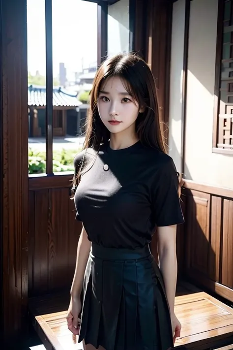 arafed woman in a black shirt and black skirt posing for a picture, a picture inspired by Ni Yuanlu, instagram, shin hanga, gemma chen, sha xi, cindy avelino, wenfei ye, jaeyeon nam, chiho, lu ji, 18 years old, 20 years old, joy ang, full body xianxia