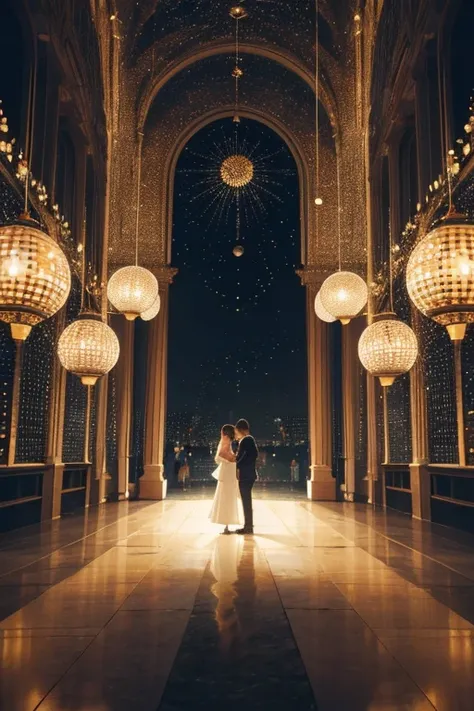 a couple of people that are standing in a room, by Yahoo Kusama, interactive art, rayonism light effects and bokeh, hanging out with orbs, taken in 2022, olafur eliasson