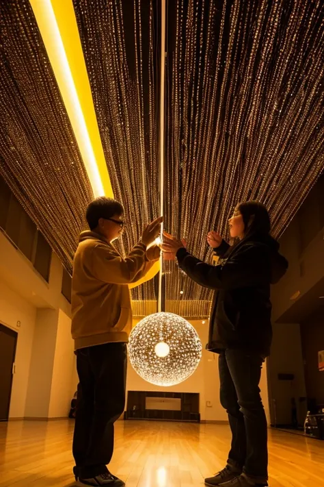 a couple of people that are standing in a room, by Yahoo Kusama, interactive art, rayonism light effects and bokeh, hanging out with orbs, taken in 2022, olafur eliasson