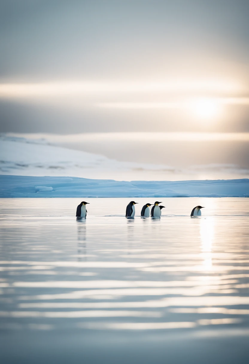 A high-resolution image showcasing a group of Emperor Penguins swimming in the icy waters near the Arctic, their sleek bodies gliding effortlessly through the crystal-clear water.