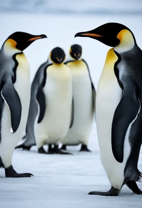 A detailed and realistic image capturing the moment when a group of Emperor Penguins emerges from the icy waters onto the frozen surface, their wet feathers glistening in the cold Arctic air.