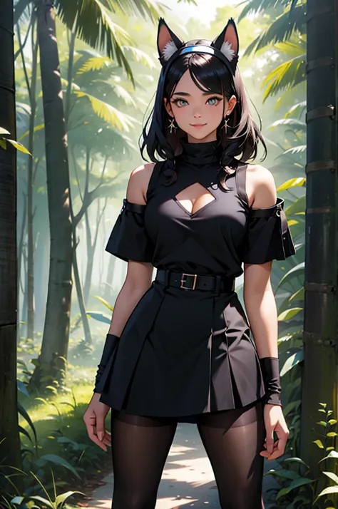 beautiful young woman wearing tight skirt with cat ears on her head, com rosto bem detalhado e bonito, belos olhos, belos olhos, rosto lindo, beautiful young woman wearing black tights, sueter apertado branco, short pantyhose, Standing in a forest, usando ...