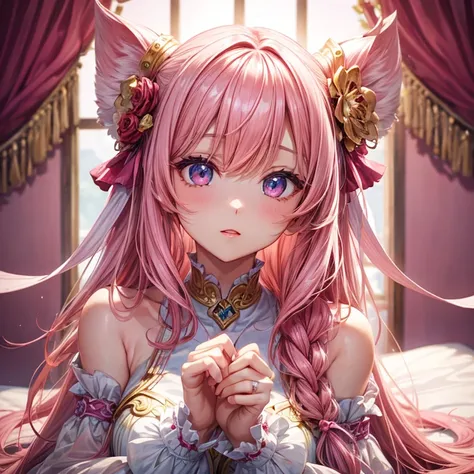 Very long hair and shiny、Bangs、a very beautiful woman、Eyes are double, Large, Bust is D cup、High image quality, High quality、Detailed background、(((Wearing idol clothes)))、((Pink room background))、Light pink hair、blue eyess、Gradient pupil、(((2 arms、4 finge...