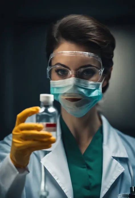 A high-resolution image showcasing a doctor scientist wearing protective gloves and a face mask, holding a vial of vaccine medicine dose with a focused and determined expression, conveying professionalism and dedication.