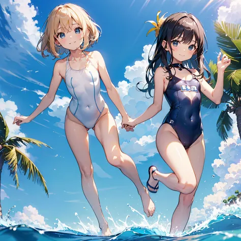 ((4ｋ、8ｋ、top-quality、Perfect Finger：1.3、Perfect Anatomy：1.3、Blur the background))、two people、((elementary student、8years old、Small breasts、Cute droopy eyes))、a smile、（onepiece swimsuit）、Angle where the whole body is depicted、、sandy beach with blue sky、Banan...