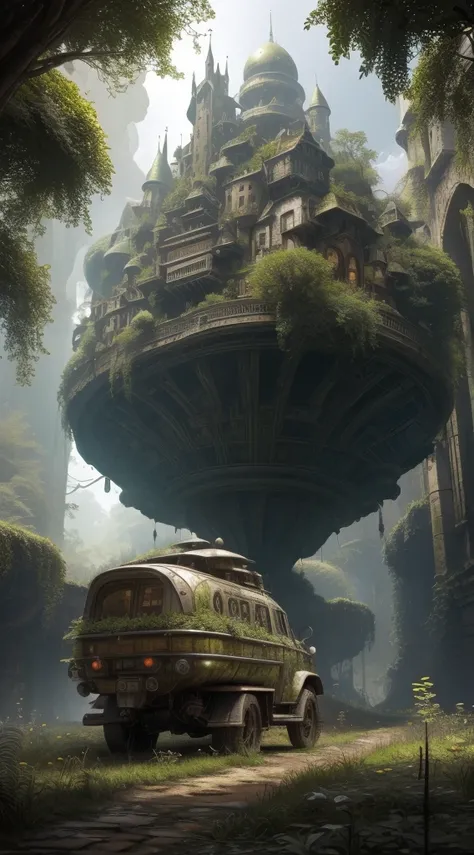 (ultra - detailed,A high resolution),(realisticlying,sci-fy:1.37),The landscape,medieval science fiction,castle ruins,Overgrown with green ivy and moss,Huge floating holographic city in the background,Airship flying in the sky,steampunk flying car,Mysterio...