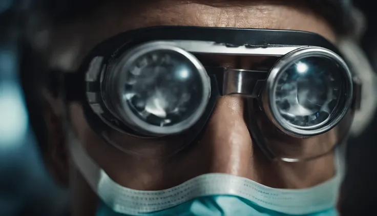 A detailed and realistic image capturing the doctor scientist’s eye seen through the protective goggles, reflecting the determination and dedication in their pursuit of developing and distributing vaccines.