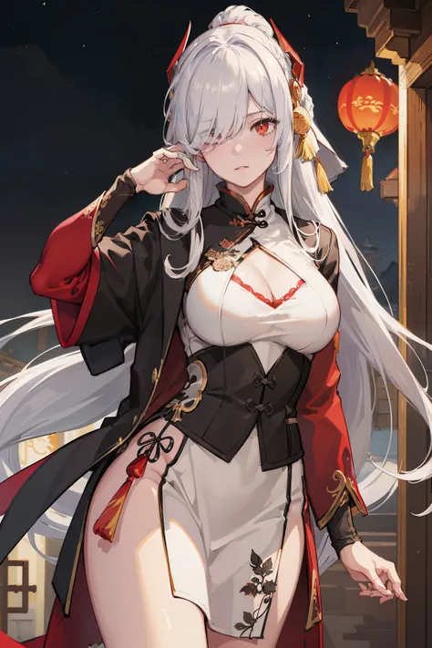 (best quality:1.3), (masterpiece:1.3), (illustration:1.3), (ultra-detailed:1.3), ((Best quality)), 1girl, white hair, (((china dress))), large breasts, red eyes, long hair, hair over one eye, outdoors, Chinese, night, pelvic curtain, close up,