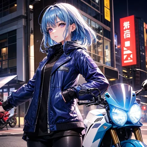 Girl with purple eyes and light blue hair、boyish、motor bikes