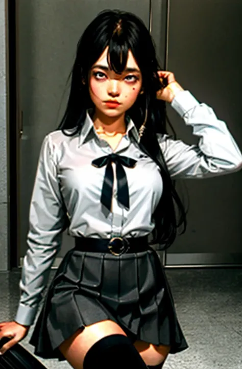 (full figure:1.1), 1 girl as yukino yukinoshita, absurdres, highres, solo, school uniform, big breasts, waist long black hair, (twintails:0.5), miniskirt, (black thighhigh socks:1.1), loose red ribbon, unbuttoned white shirt, (ahegao:1.2), (rolling eyes:1....