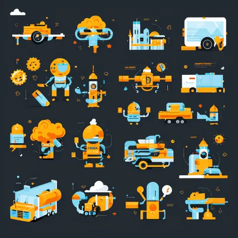 Graphic design, flat design, little robots, london street, colorful tones, highly detailed, clean, vector image, professional photographer, smoke explosion, simple background, flat black background, glossy vector.