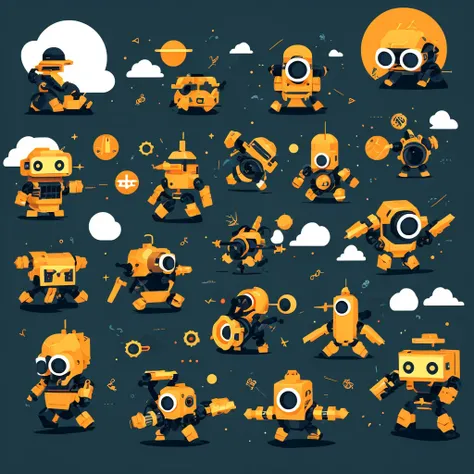 Graphic design, flat design, little robots, london street, colorful tones, highly detailed, clean, vector image, professional photographer, smoke explosion, simple background, flat black background, glossy vector.