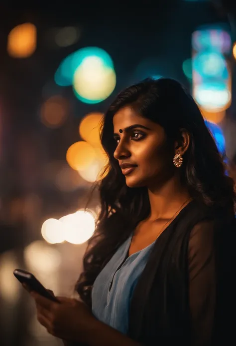 An artistic representation of the young Indian woman using her mobile phone, with vibrant neon lights and busy streets reflecting in her eyes, capturing the energy and excitement of a city at night.