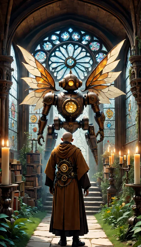 (Best quality at best,4K,8K,A high resolution,tmasterpiece:1.2),ultra - detailed,(actual,realisticlying,Photorealistic:1.37),Medieval monastery garden,steampunk robot monk,Beautiful gorgeous building,Steampunk machinery and gears,Beautiful stained glass wi...