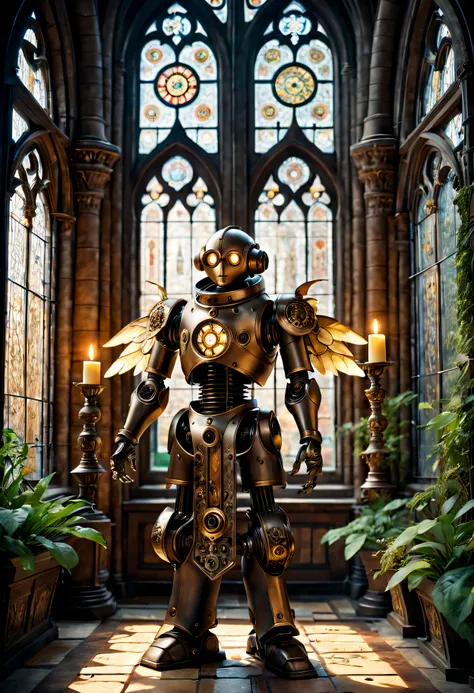 Medieval monastery，steampunk robot monk，Beautiful gorgeous building，Steampunk machinery and gears stained glass window，ancient stone floor，The carving process is complex，Glowing candles，Lush plants，Calm and peaceful environment，Robot monk with mechanical w...