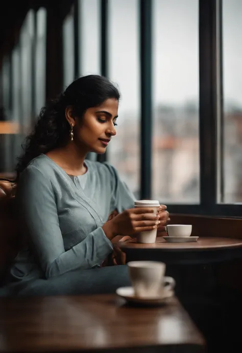 An artistic representation of the young Indian woman sitting at a trendy café, enjoying a cup of coffee while using her mobile phone, with the urban landscape visible through large windows, representing the fusion of technology and relaxation.