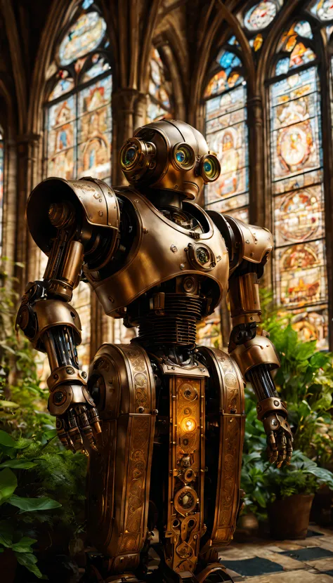 Medieval monastery，steampunk robot monk，Beautiful gorgeous building，Steampunk machinery and gears stained glass window，ancient stone floor，The carving process is complex，Glowing candles，Lush plants，Calm and peaceful environment，Robot monk with mechanical w...