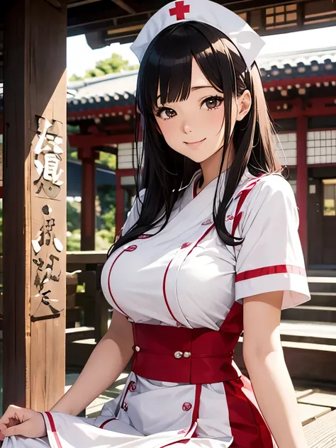 masutepiece, Best Quality, hight resolution,miku hatsune,10yaers old,(Hashikuji Temple Mayoi),Look at me and smile,((Meiji period～Showa era nurse)),(retro maid outfit),mentholatum,Beautiful breasts