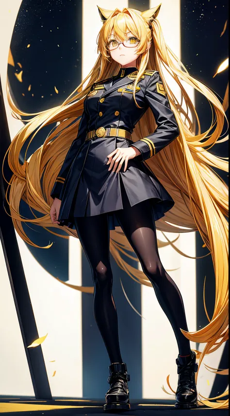 anime art, full length front view of a girl with yellow long hair and yellow cat eyes wearing regular glasses, in military uniform