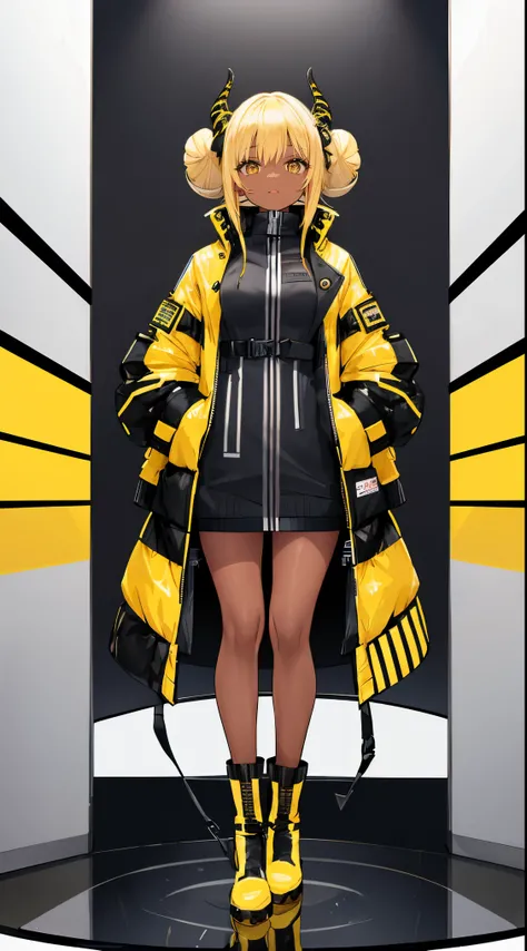 a black woman is dressed in a long jacket and booties with yellow stripes, 1girl, horns, blonde hair, double bun, standing, jacket