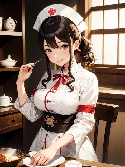 masutepiece, Best Quality, hight resolution,10yaers old,(hashikuji mayoi),Look at me and smile,((Meiji period～Showa era nurse)),(Classic Maid Clothing),mentholatum,Beautiful breasts