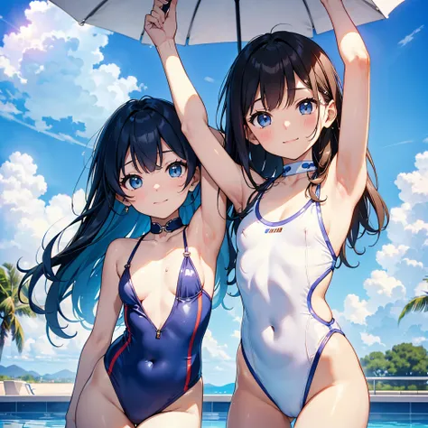 ((4ｋ、8ｋ、top-quality、Perfect Finger：1.3、Perfect Anatomy：1.3、Blur the background))、two people、((elementary student、8years old、Small breasts、Cute droopy eyes、stright long hair、A slender))、a smile、（tricolor decoration、onepiece swimsuit）、Angle where the whole b...