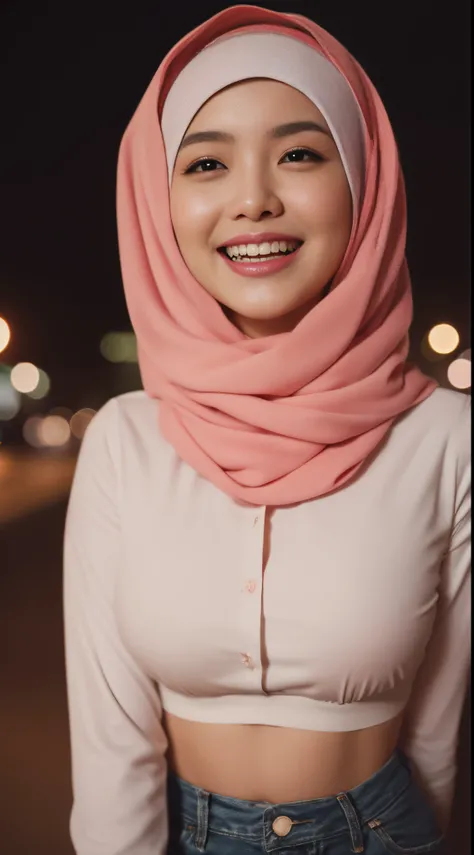 Cute malay girl in hijab wearing big red blouse and jeans with seducing pose, big smile, laughing, happy, big front teeth, bustling nighttime city, wearing hijab, bright golden color hijab, small tits, small breast, flat chest, wide waist, thick thighs bri...