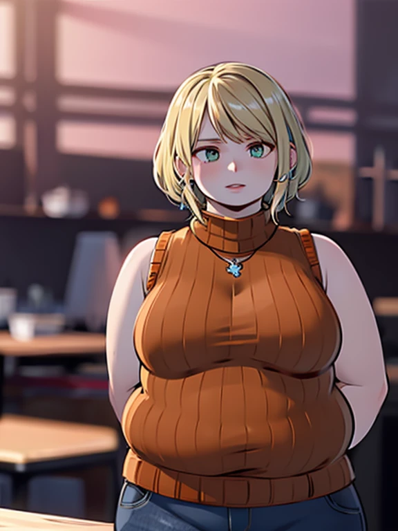 masterpiece , 4K, high quality, perfect anatomy, perfect eyes, obese 1girl, blurry, photo_(medium), realistic, short_hair, sleeveless, solo, looking_at_viewer, obese body, blonde_hair, shirt, bare_shoulders, jewelry, light green eyes, upper_body, parted_li...