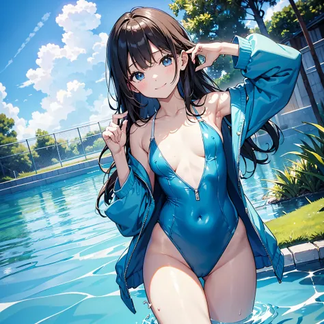 ((4ｋ、8ｋ、top-quality、Perfect Finger：1.3、Perfect Anatomy：1.3、Blur the background))、two people、((elementary student、8years old、Small breasts、Cute droopy eyes、stright long hair、A slender))、a smile、（green grass、blanche、Yellow decoration、onepiece swimsuit）、Angle...